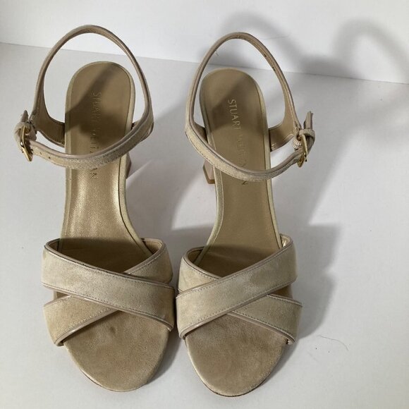 Womens Stuart Weitzman Suede Tan Gold Heeled Sandals 9N - Picture 2 of 10